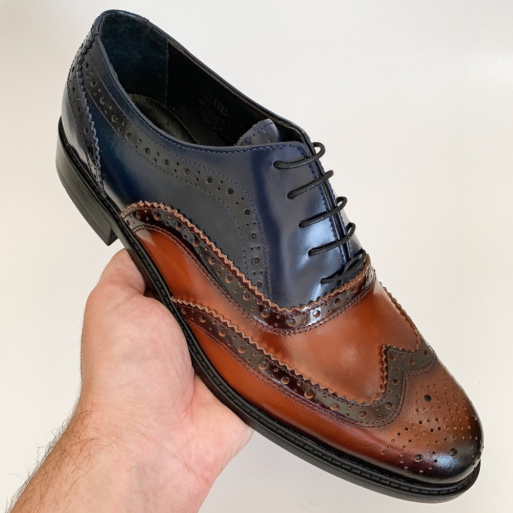 Brown-Navy Blue Wingtip Oxford Dress Shoe - Leather Sole